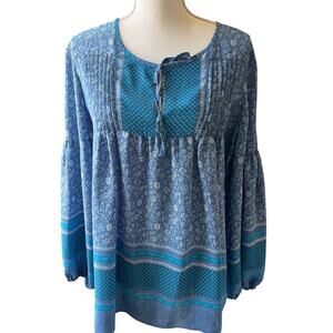 Gap Peasant Blouse Size XL Blue Mixed Floral Pin Tucks Boho Prairie Gypsy Hippie